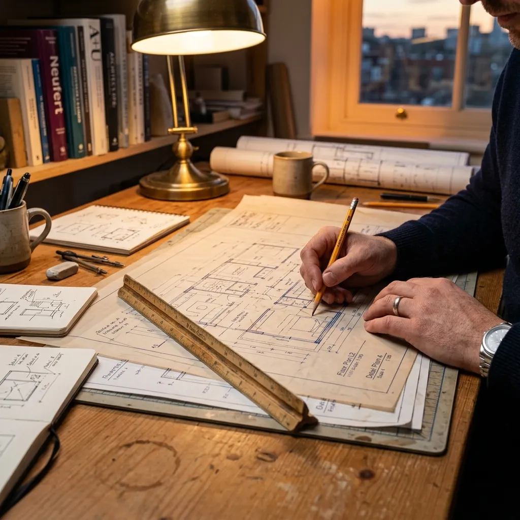 Schreibtisch eines Architekten mit Bauplänen